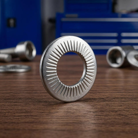 M6 Serrated Spring Washers Locking Stainless Steel 40 Piece Set Rust Resistant beefy flat washer on wood surface with serrated grip