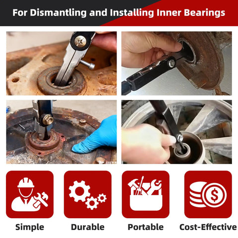 Four images showing Premium Shop Grade Double Head Internal Bearing Puller Kit With Expandable Collets For 16 To 45mm Range use on inner bearings.