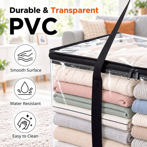 Heavy Duty Clear Storage Bins 2 Pack Extra Large Clothes Organizers With Lids containing neatly folded blankets in clear PVC.