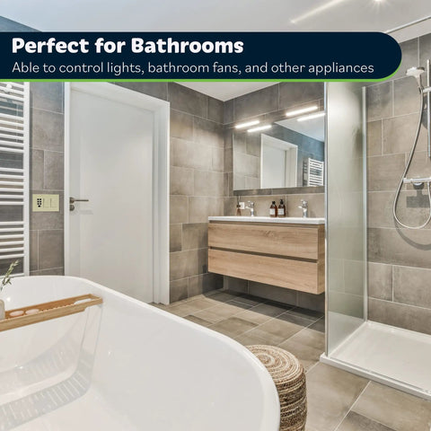 Zero Neutral Wires Needed For This Super Convenient Countdown Timer Switch That Works Like A Champ On Ceiling Fans And Lights Offers No Sweat Programming Saves Some Serious Bucks And Delivers Reliable Automatic Shutoff Guaranteed in a modern bathroom setting.