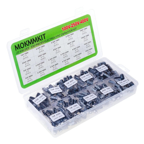Pro Grade Aluminum Electrolytic Capacitor Assortment Kit Featuring 22 Values From 1UF To 100UF Across 100V 250V And 400V Ratings in a clear container.