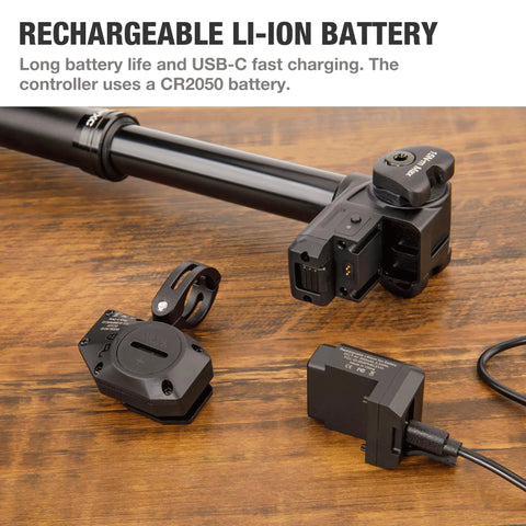 Wireless Dropper Post With Remote for Mountain Bikes showing rechargeable battery components and USB-C charging cable