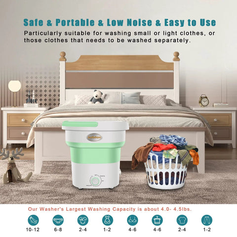 Tiny But Mighty Foldable Portable Washing Machine With Drainage Basket and laundry in bedroom