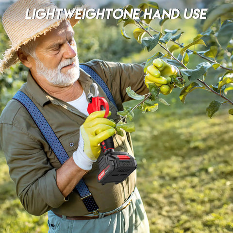 Senior man using Electric Pruning Shears With LCD Display For Precise Garden Trimming on tree branch
