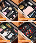 Interlocking Drawer Organizer Set in Three Sizes for Kitchen, Office, Makeup, Jewelry, and Tools, Durable Plastic Desk Tray Dividers in use