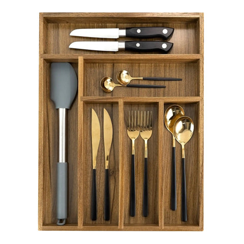 Acacia Kitchen Drawer Organizer With Grooved Dividers, 6 Slot Silverware And Utensil Tray For Flatware And Kitchen Tools, Slim 17 Inch By 11.8 Inch By 1.6 Inch with knives and utensils arranged in slots