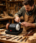 Workhorse Dual Wheel Electric Knife Sharpener And Polisher With Double Grinding Plates For Quick Kitchen Tool Upkeep Rust Removal And Precision Blade Honing In Your Home Shop Setup in a workshop setting.