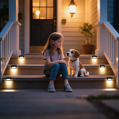 16 Pack Solar Deck Lights And Outdoor Step Lamps Waterproof Led Stair Lanterns For Fence Patio Railing with warm glow on steps.