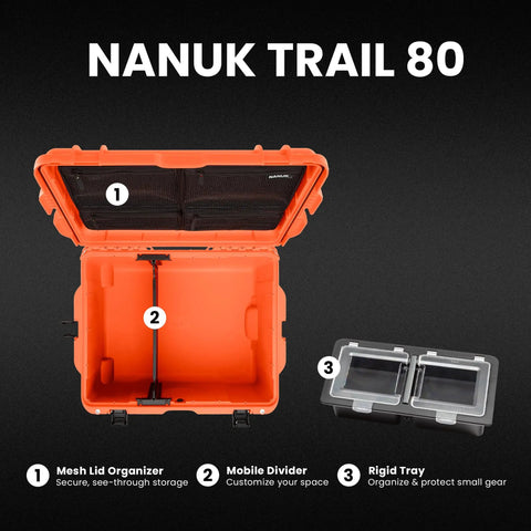 Trail 80 Waterproof Storage Box With Wheels, 79L Outdoor Gear Case open view with mesh lid, mobile divider, and tray