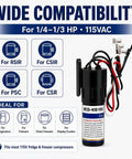 Universal 3 In 1 Compressor Hard Start Capacitor Kit For Refrigeration Systems 115 Vac 1/4 To 1/3 Hp showing wide compatibility features.