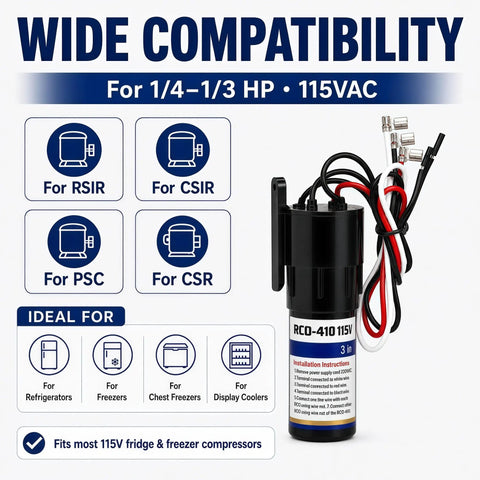 Universal 3 In 1 Compressor Hard Start Capacitor Kit For Refrigeration Systems 115 Vac 1/4 To 1/3 Hp showing wide compatibility features.