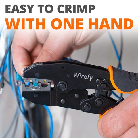 Pro Grade Crimping Tool Kit With Six Interchangeable Dies, Ratcheting Wire Crimper easily used with one hand against wires