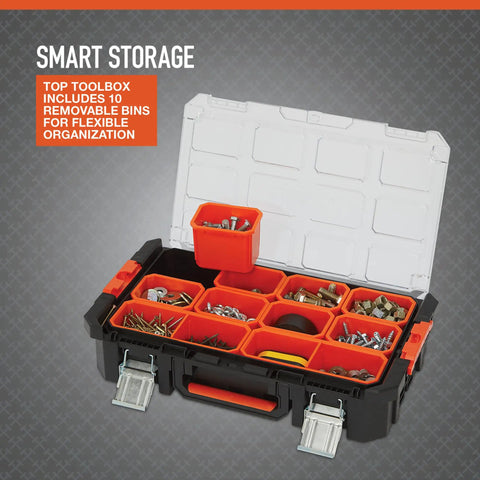 Workhorse Light Duty Modular Rolling Toolbox System With Telescopic Handle And Mobile Base With Ten Removable Bins open