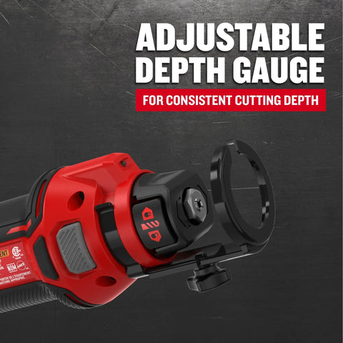 Close-up of adjustable depth gauge on Tough 20V Max Cordless Cut Out Tool Rips Through Drywall And Plasterboard Without Missing A Beat, Includes Tool Free Bit Change And Adjustable Depth Gauge For Crisp Cuts Every Time, Bare Tool Edition.
