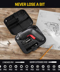 Beast Cordless Screwdriver Kit With 14 Bits, Digital Screen, open case with tools on table, sketches and pencils nearby.