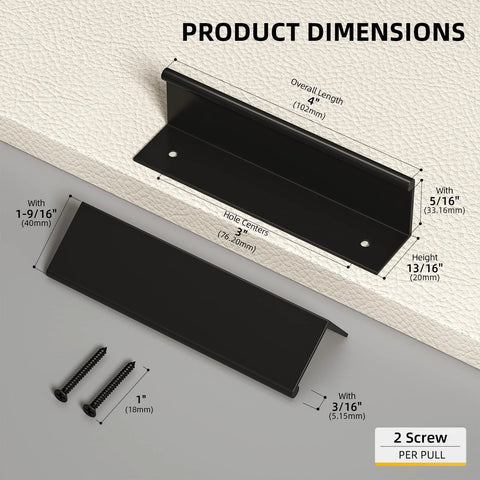 Diagram showing dimensions of 20 Pack Black Cabinet Pulls 3 Inch Edge Finger Pull Aluminum Alloy Hardware with screws included