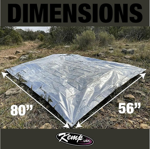 Emergency Mylar Blanket Set, 25 Lightweight Thermal Reflective Survival Blankets on rocky ground, 80x56 inches dimensions shown