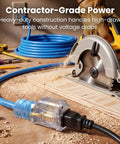 Rock Solid 100 Foot 14 Gauge Extension Cord 14/3 SJEOW Heavy Duty Outdoor Power Cable, used with a circular saw on a workbench.