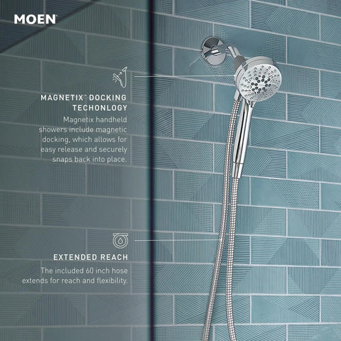 Engage Magnetix Eco Performance Handheld Showerhead with Magnetic Docking System on blue tile wall