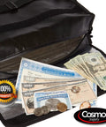 Fireproof Document Bag With Shoulder Strap, showing open interior with cash, documents, and coins in a durable waterproof pouch.