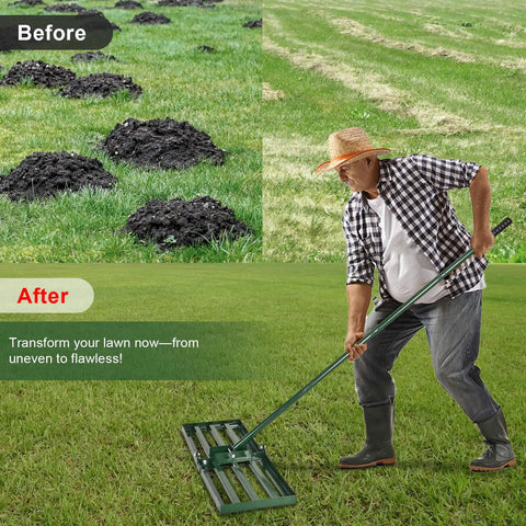 Man using Pro Grade Lawn Leveling Rake With 78 Inch Adjustable Handle Heavy Duty Stainless Steel Ground Plate 30 By 10 Inches Easy Move