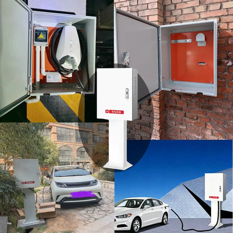 Built Tough Universal EV Charger Cover With Heavy Duty Mounting Post Waterproof Outdoor Steel Enclosure shows different angles and installations.