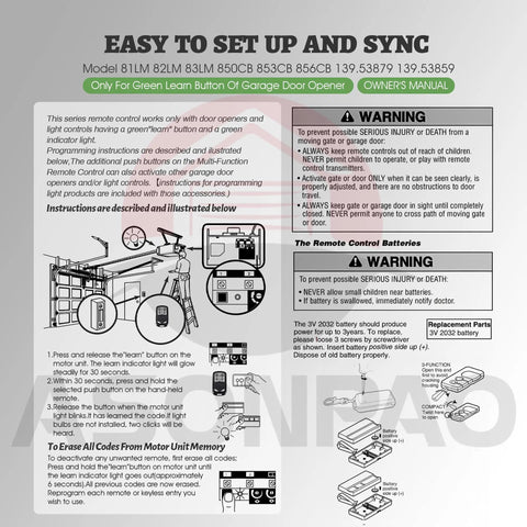 Instructions for Two Pack Replacement Remote For Green Learn Button Garage Door Opener 139.53879 139.53859