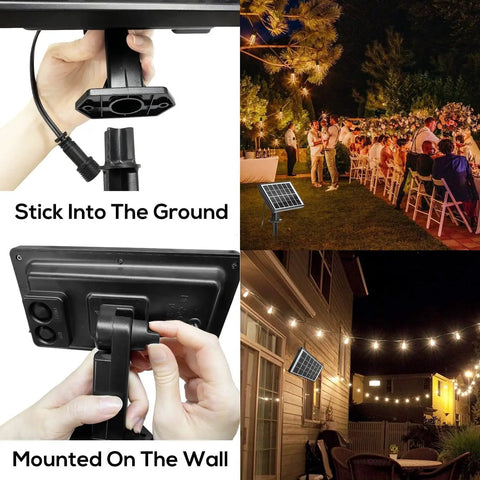 Solar Powered Outdoor String Lights 97ft With 48 Waterproof Shatterproof Bulbs illuminating patio and garden wedding scene