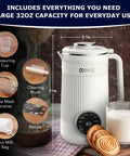 8 In 1 Nut Milk Maker Blender 32oz Capacity For Creamy Soy Almond Oat Coconut And Plant Based Non Dairy Beverages With Delay Start And Keep Warm, includes measuring cup, cleaning brush, strainer, nut milk bag.