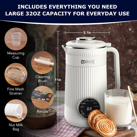 8 In 1 Nut Milk Maker Blender 32oz Capacity For Creamy Soy Almond Oat Coconut And Plant Based Non Dairy Beverages With Delay Start And Keep Warm, includes measuring cup, cleaning brush, strainer, nut milk bag.