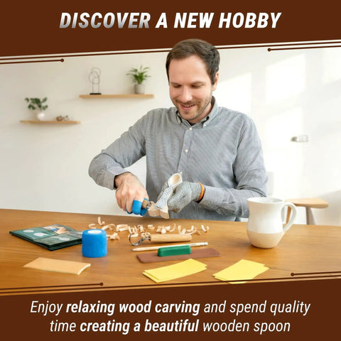 Man using Wood Spoon Carving Kit For Beginners Diy04 with Sloyd knife, hook knife, basswood blank, at home table.