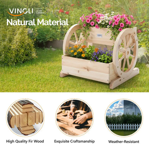 Cute Wooden Wagon Planter Box With Storage, Rustic Wheel Planter Decor With Flowers, Natural Wood Garden Bench Cart