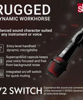 Dynamic Microphone With On Off Switch For Singing Speech And Instruments Handheld XLR Vocal Mic For Live Gigs And Studio Recording Supercardioid Pattern Rugged All Metal Housing shown on promotional image with text.