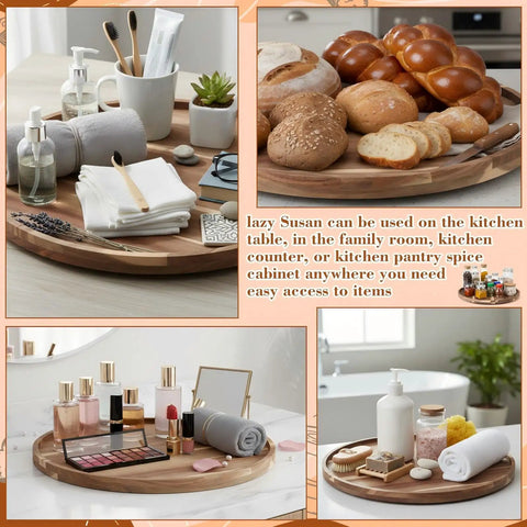 Rock Solid 20 Inch Wood Lazy Susan For Kitchen Counter Slick Acacia Turntable Serving Tray With Non Slip Base For Spices And Condiments Easy Spin Heavy Duty Table Organizer Built Tough Setup with food and toiletries arranged.