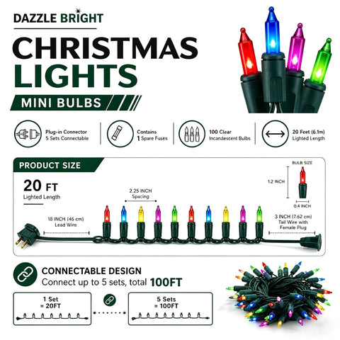 Totally Bright Multi Color Christmas Mini String Lights 20 Feet With 100 Incandescent Bulbs Waterproof Plug In And Connectable