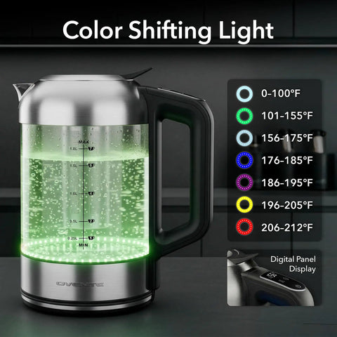 Digital Glass Electric Kettle With Temperature Control, 1.8L Cordless Tea Kettle, color-coded temperatures, kitchen setting