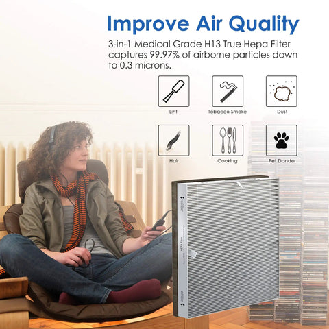 MD1-0022 Replacement Filter Two Pack H13 Grade for Vornado air purifier in living room, captures 99.97% particles down to 0.3 microns