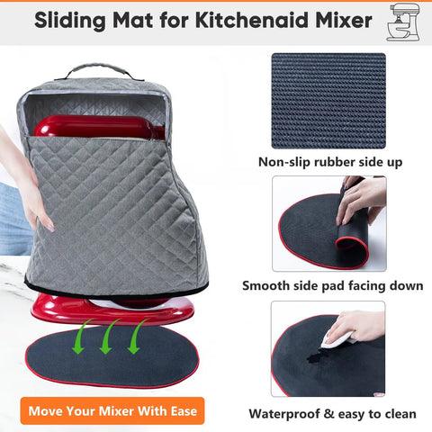 Heavy Duty Stand Mixer Cover With Smooth Glide Appliance Sliders For No Sweat Kitchen Moves And Hella Sturdy Dust Seal With Spacious Accessory Pockets For All Standard Mixers, showing grey quilted cover with sliding mat.