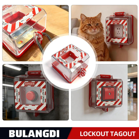 3 Pcs Total Lockout Box Type Transparent Emergency Stop Button Cover Heavy Duty OSHA Compliant Polycarbonate Switch Protector With BadAss Impact Resistance For Industrial Gear And Machinery Parts Protection displayed on a wall with a clear view.