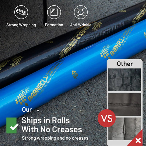 Babnecl auto headliner fabric rolls (2) in black and blue with foam backing; tube packaging, roof material, side view