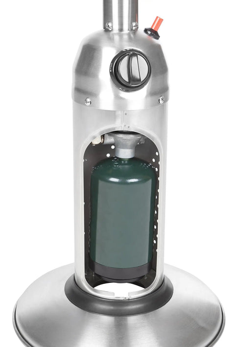 Portable Patio Tabletop Propane Heater 10000 BTU with Auto Shutoff Valve CSA Approved Stainless Steel showing propane connection