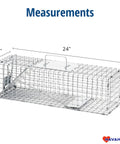 Medium One Door Live Catch Humane Trap with measurements for rabbits, skunks, minks, and squirrels, 24x7x7 inches.