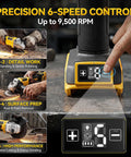 Badass Cordless Angle Grinder Compatible With DeWalt 20V Max Tool Only Beast Mode Power For Precision Metal Cutting Grinding And Polishing With Quick Release Guard displaying 6-speed control and RPM settings.