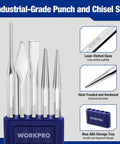 Knockout Five Piece Punch And Chisel Set Forged From Tough Chrome Vanadium Steel For Serious Masonry And Metal Cutting Tasks Built To Eat Hammer Blows Day After Day On Any Grungy Job Site With Tray in blue storage.