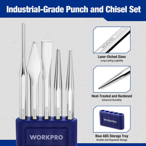 Knockout Five Piece Punch And Chisel Set Forged From Tough Chrome Vanadium Steel For Serious Masonry And Metal Cutting Tasks Built To Eat Hammer Blows Day After Day On Any Grungy Job Site With Tray in blue storage.