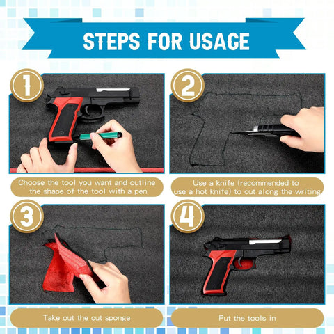 Steps for using Kickass Polyethylene Foam Case Inserts 16 By 12 Inch for customizing tool slots in toolboxes.