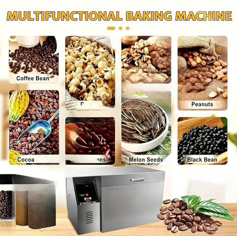 Heavy Duty Roller Type Coffee Bean Roaster Machine With Precise Temperature Control, showing various beans and nuts, stainless steel build.