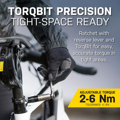 Ratchet Rocket Lite NTX Plus Bike Repair Multitool with 19 Functions in use, highlighting adjustable torque 2-6 Nm.