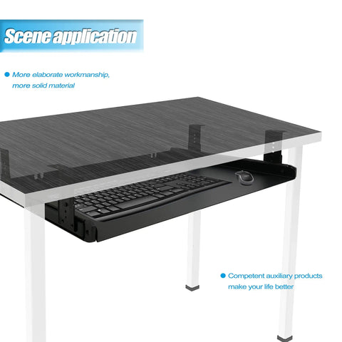 Heavy Duty All Steel Slide Out Drawer Platform 20 Inch Black Smooth Glide Rolling Shelf under desk with keyboard and mouse.