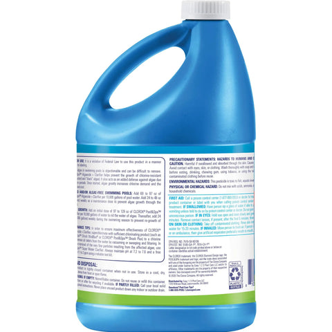 Swimming Pool Algaecide Clarifier Heavy Duty Solution Crushes Stubborn Algae For Good While Sweeping Out Gunk To Keep Your Water Crisp Clear As Glass In A 128 Oz Container - Blue plastic bottle with detailed label.